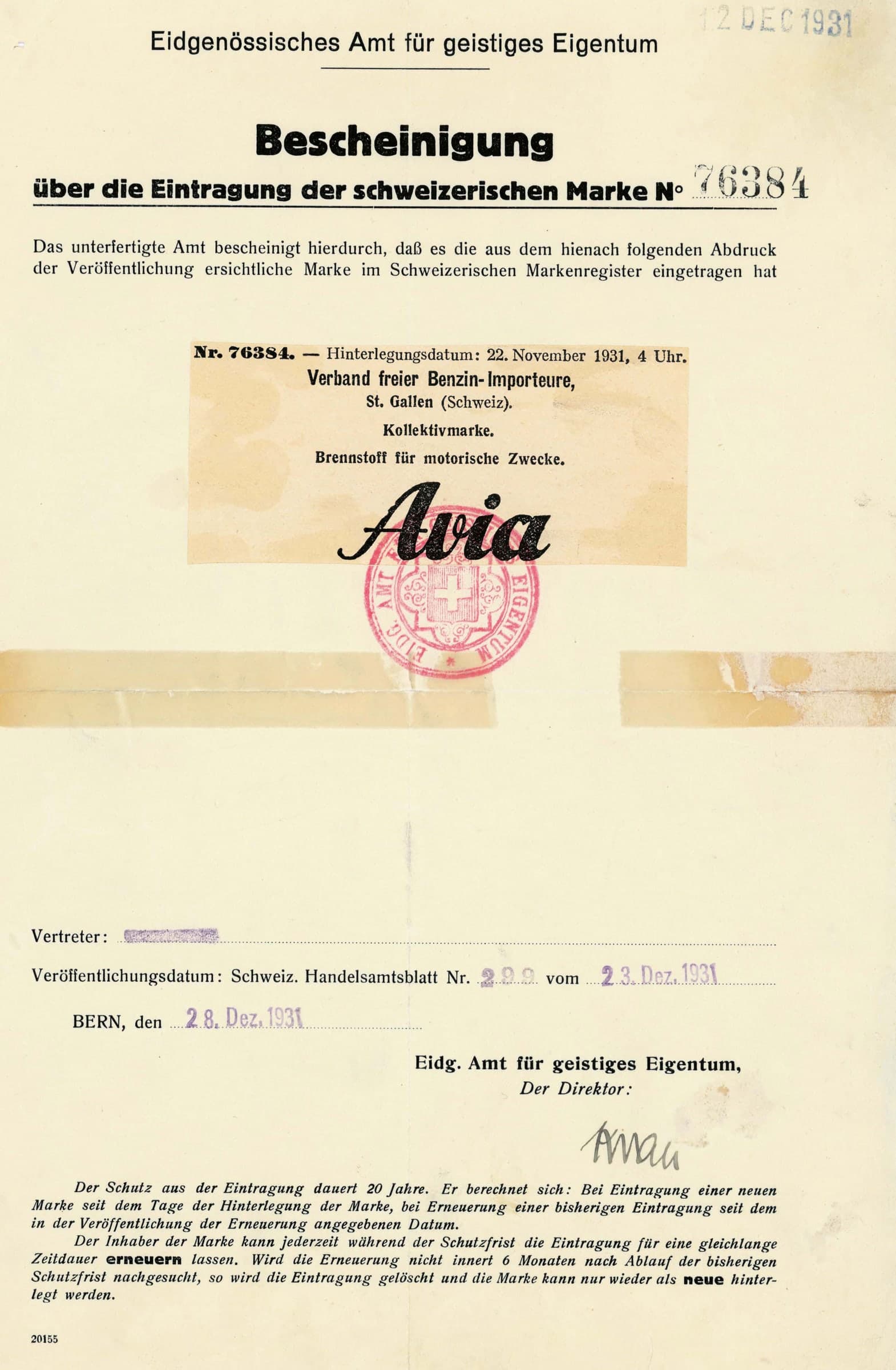 Bescheinigung des Eidgenössischen Amts für geistiges Eigentum über die Eintragung der Marke AVIA, Dezember 1931