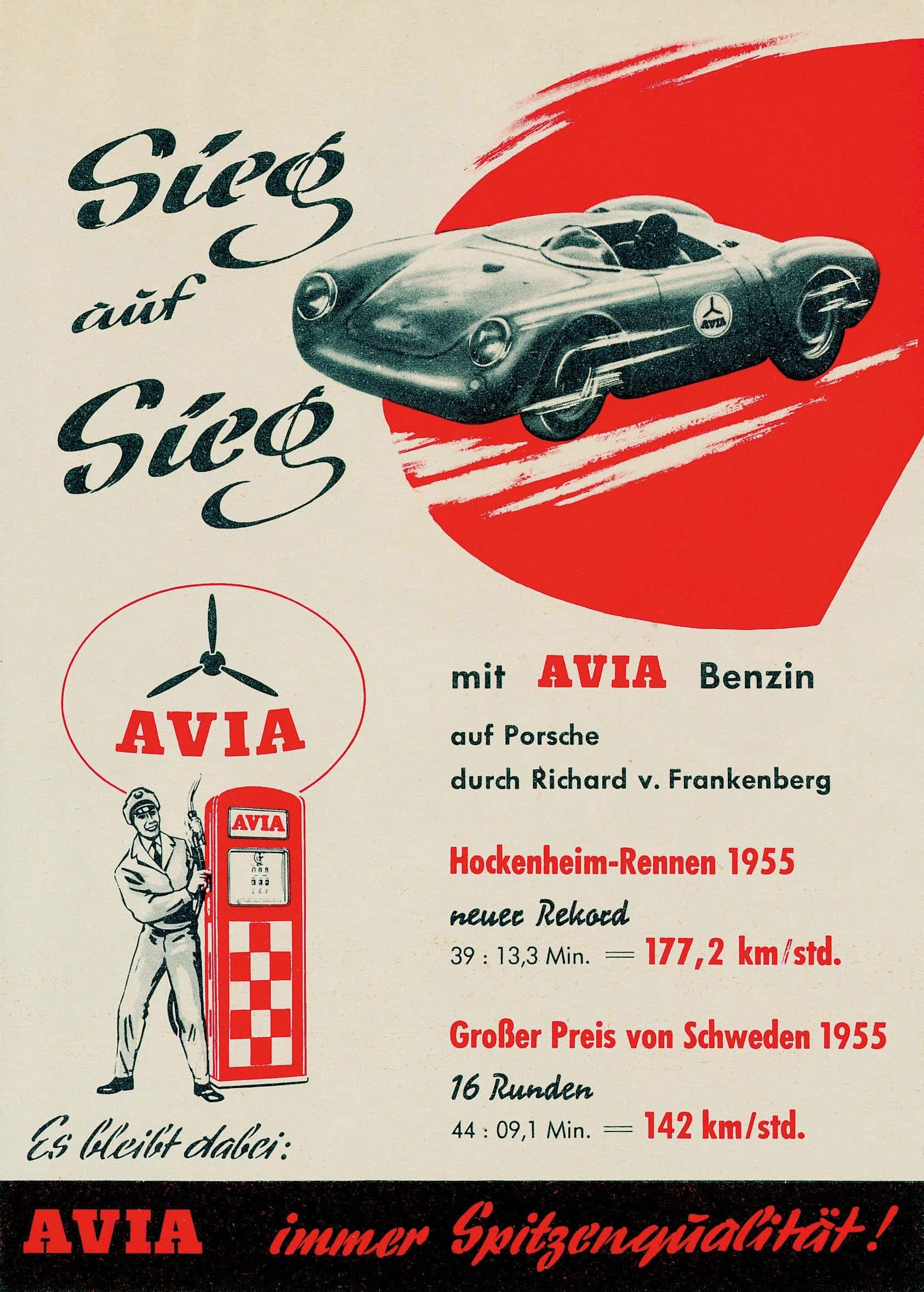 Werbeplakat von 1955: «Sieg auf Sieg mit AVIA Benzin», ein Porsche-Rennwagen vor rotem Pinselstrich